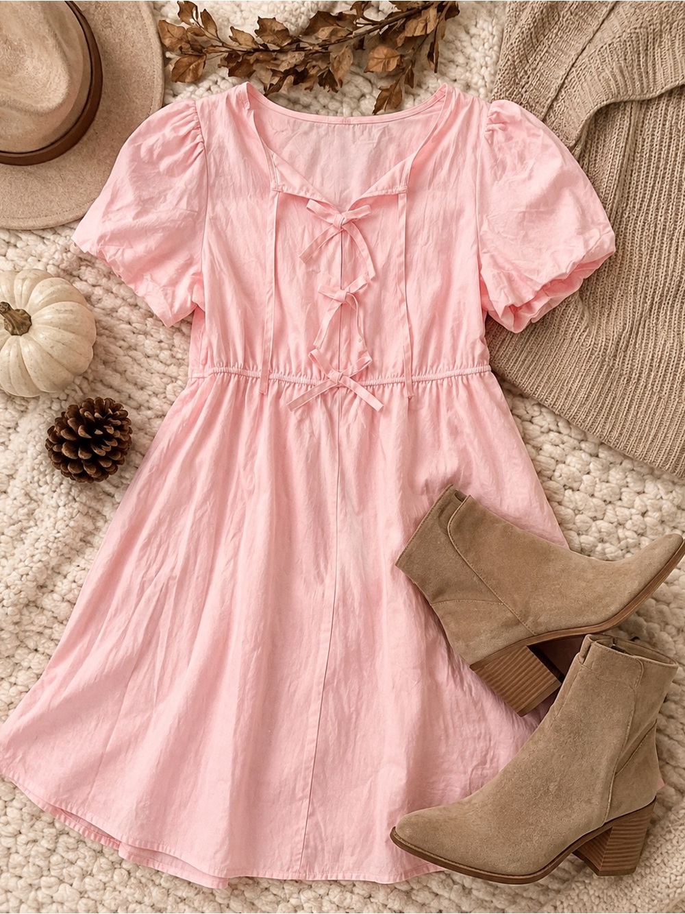 ZESICA Pink Puff Sleeve Bow Tie Mini Dress Women’s Like New Size Large
